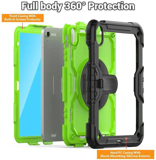 Alt view image 5 of 5 - SEYMAC Case for iPad (A16) 11th/10th Generation 2025/2022 (11''/10.9''), Sturdy Heavy Duty Full-Body Shockproof Protective Case with Screen Protector, Rotating Stand, Hand/Shoulder Strap, Black/Green