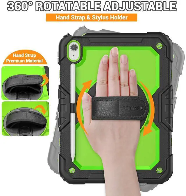 Alt view image 3 of 5 - SEYMAC Case for iPad (A16) 11th/10th Generation 2025/2022 (11''/10.9''), Sturdy Heavy Duty Full-Body Shockproof Protective Case with Screen Protector, Rotating Stand, Hand/Shoulder Strap, Black/Green