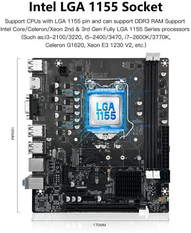 Alt view image 2 of 5 - SHANGZHAOYUAN LGA 1155 Motherboard H61C Gaming Motherboard for Intel 2th/3th Gen i3,i5,i7/Xeon E3 V2/Pentium Series CPUs, DDR3, NVME/NGFF M.2, PCIe X16, 100M LAN, VGA, HDMI-Compatible