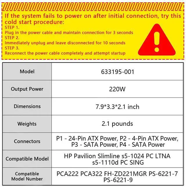 Alt view image 2 of 5 - 220W Power Supply Unit for HP Pavilion Slimline S5 Series, S5-1xxx TouchSmart 310-1205la Desktop PC, PCA222 PCA322 FH-ZD221MGR, 633193-001 633195-001 633196-001