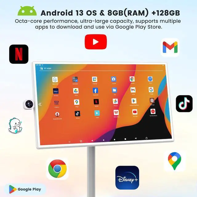 Alt view image 3 of 5 - BIGASUO 32-Inch Portable Smart Screen 1080p Portable Monitor with Rotatable Touch Screen, 8G RAM+128G Storage, Android 13 OS, Built-in Battery(4-6H), Rolling TV on Wheels, Remote Control