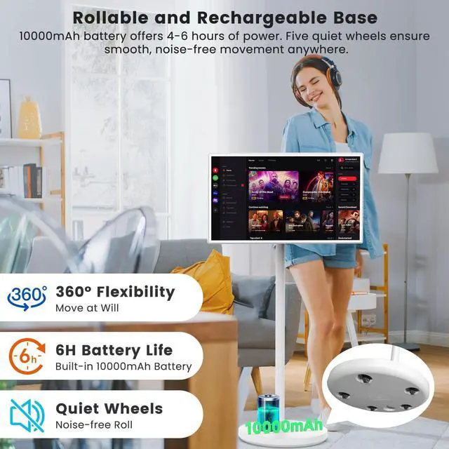Alt view image 5 of 5 - BIGASUO 32-Inch Portable Smart Screen 1080p Portable Monitor with Rotatable Touch Screen, 8G RAM+128G Storage, Android 13 OS, Built-in Battery(4-6H), Rolling TV on Wheels, Remote Control