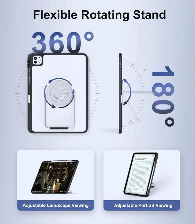 Alt view image 3 of 5 - Rotating Case for iPad Pro 13 inch M4 (2024) with Pencil Holder, 360 Degree Rotating Stand for Portrait/Landscape Modes, Adjustable Viewing Angles, Lightweight Protective Case with Stand, Black