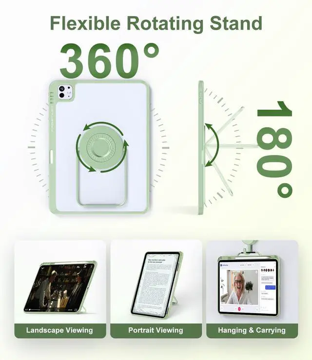 Alt view image 3 of 5 - Rotating Case for iPad (A16) 11th Generation 11 Inch 2025, iPad 10th Generation 10.9 Inch 2022 with Pencil Holder, 360 Degree Rotating Stand for Portrait/Landscape Modes, Case with Stand, Green