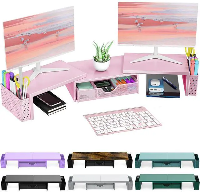 Main image of Spacrea Metal Desk Organizers and Accessories, Dual Monitor Stand Riser with Drawer and 2 Pen Holders, Desk Accessories & Workspace Desktop Organizers for Office Supplies (Pink)