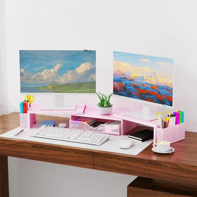 Alt view image 2 of 5 - Spacrea Metal Desk Organizers and Accessories, Dual Monitor Stand Riser with Drawer and 2 Pen Holders, Desk Accessories & Workspace Desktop Organizers for Office Supplies (Pink)