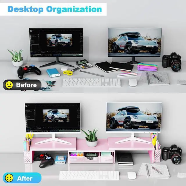 Alt view image 4 of 5 - Spacrea Metal Desk Organizers and Accessories, Dual Monitor Stand Riser with Drawer and 2 Pen Holders, Desk Accessories & Workspace Desktop Organizers for Office Supplies (Pink)