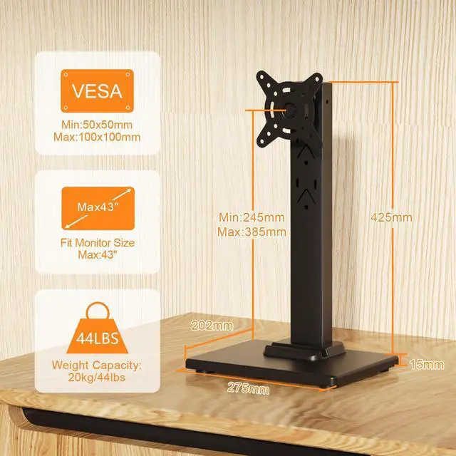 Alt view image 2 of 5 - suptek Single LCD Computer Monitor Free-Standing Desk Stand Mount Riser for 13 inch to 43 inch Screen with Swivel, Height Adjustable, Rotation, 50,75& 100mm Vesa Base Stand, Black