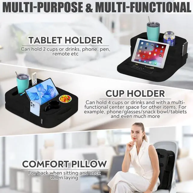 Alt view image 2 of 4 - TabCouchCaddy - Couch Cup Holder Tray Pillow - Bed, Couch Caddy, Sofa, RV & Car - Holds Drinks, Snacks, Remotes, Phones, Kindle, Tablet | Bed Cup Holder (Black)