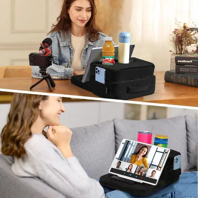 Alt view image 4 of 4 - TabCouchCaddy - Couch Cup Holder Tray Pillow - Bed, Couch Caddy, Sofa, RV & Car - Holds Drinks, Snacks, Remotes, Phones, Kindle, Tablet | Bed Cup Holder (Black)