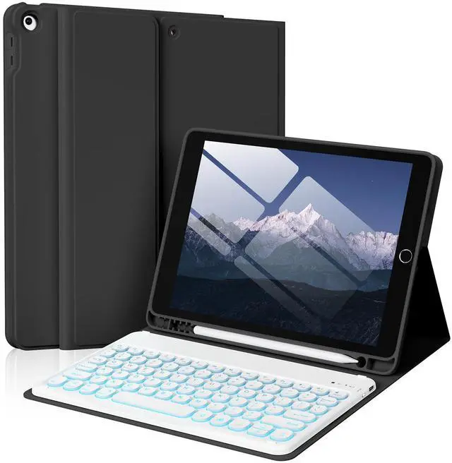 Main image of SZPSGC Case for iPad 9th/8th/7th Generation with Keyboard 10.2 Inch 2021/2020/2019, 7 Colors Backlit Detachable Keyboard, Soft TPU Back Folio Stand Cover with Pencil Slots, Black