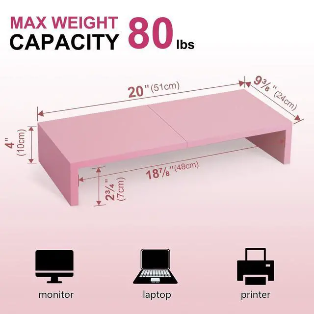 Alt view image 4 of 5 - TEAMIX 2 Pack Pink Monitor Riser-20L inch, Cute Monitor Stand for Desk, Wood Sturdy TV/Screen/PC/Printer/Laptop Riser, Computer Shelf with Storage Desktop Organizer for Home Office