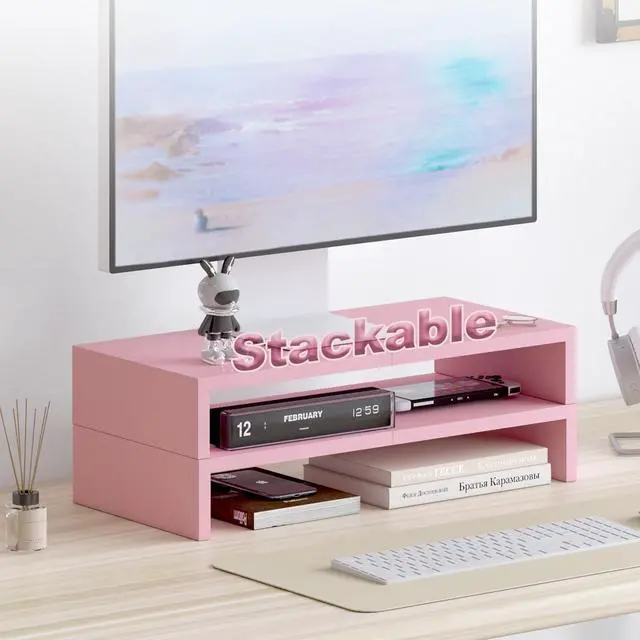 Alt view image 5 of 5 - TEAMIX 2 Pack Pink Monitor Riser-20L inch, Cute Monitor Stand for Desk, Wood Sturdy TV/Screen/PC/Printer/Laptop Riser, Computer Shelf with Storage Desktop Organizer for Home Office