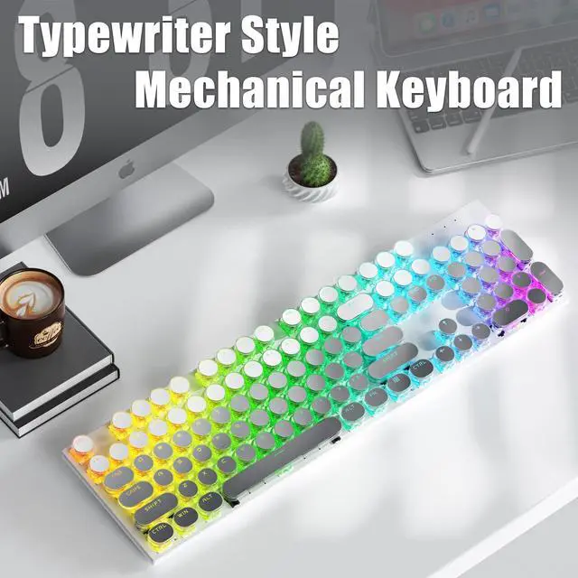 Alt view image 2 of 5 - TISHLED Tri-Mode Typewriter Style Mechanical Gaming Keyboard, Bluetooth 5.0/Wireless 2.4G/Wired USB, RGB LED Backlit 104-Key NKRO Linear Red Switches Aesthetic Round Keycaps, Gradient Blush
