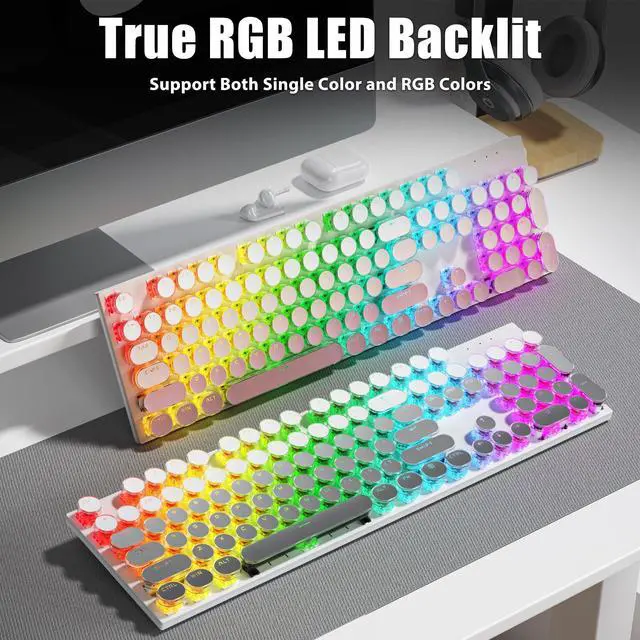 Alt view image 4 of 5 - TISHLED Tri-Mode Typewriter Style Mechanical Gaming Keyboard, Bluetooth 5.0/Wireless 2.4G/Wired USB, RGB LED Backlit 104-Key NKRO Linear Red Switches Aesthetic Round Keycaps, Gradient Blush