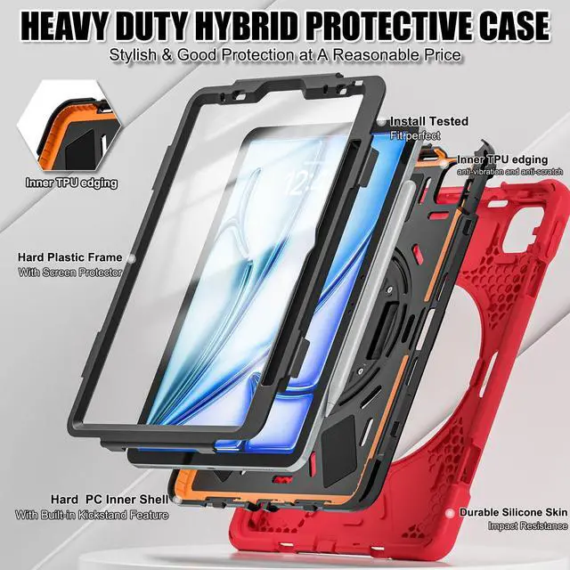 Alt view image 3 of 5 - TSQQST Case for iPad Air 11 Inch M3 M2 2025 2024 7th/6th/5th/4th Generation 10.9" w/Screen Protector | Heavy Duty Rugged 360deg Rotate Stand Case with Hand/Shoulder Strap, Red