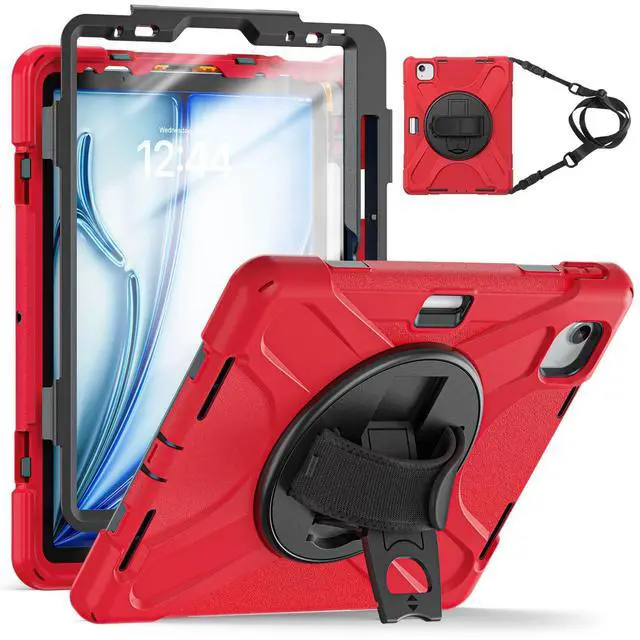 Main image of TSQQST Case for iPad Air 11 Inch M3 M2 2025 2024 7th/6th/5th/4th Generation 10.9" w/Screen Protector | Heavy Duty Rugged 360deg Rotate Stand Case with Hand/Shoulder Strap, Red