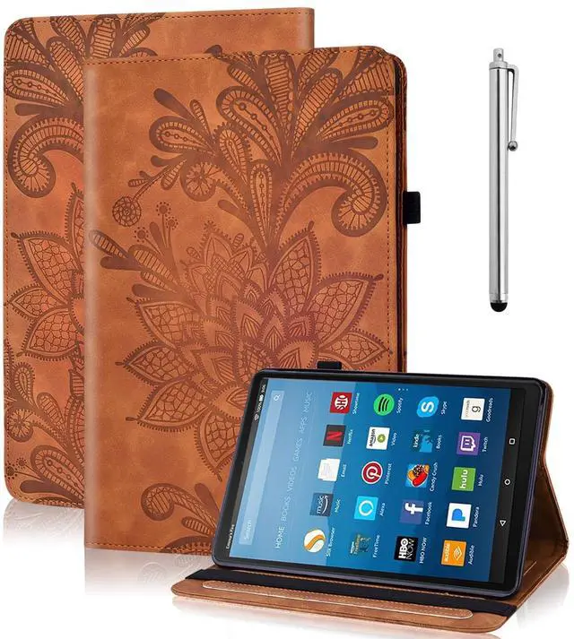 Main image of Case for Kindle Fire HD 8 (9th/8th/7th/6th Gen, 2016/2017/2018/2019), Embossed Lace PU Leather Flip Folio Tablet Case with Elastic Band & Card Slots/Holder, Multi-Angle Viewing Stand Cover, Brown