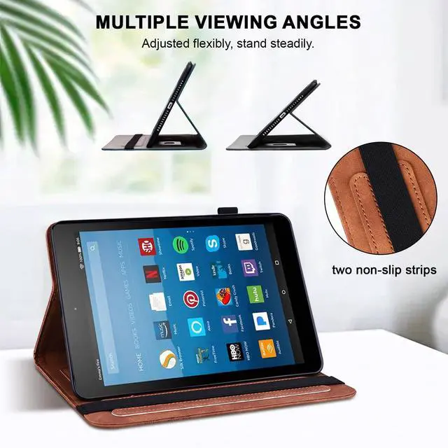 Alt view image 3 of 5 - Case for Kindle Fire HD 8 (9th/8th/7th/6th Gen, 2016/2017/2018/2019), Embossed Lace PU Leather Flip Folio Tablet Case with Elastic Band & Card Slots/Holder, Multi-Angle Viewing Stand Cover, Brown