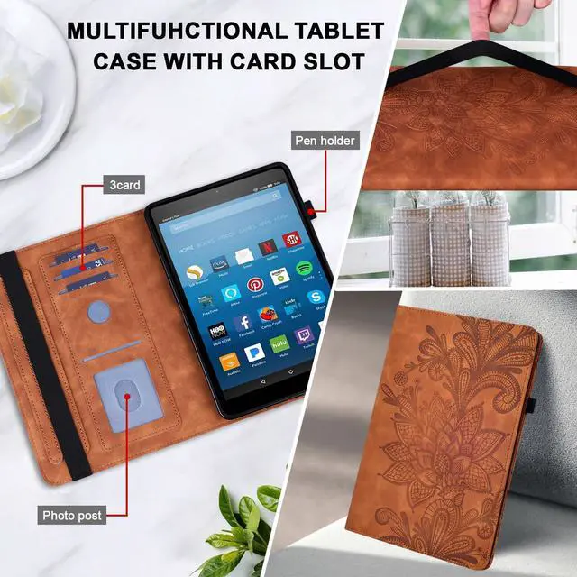 Alt view image 4 of 5 - Case for Kindle Fire HD 8 (9th/8th/7th/6th Gen, 2016/2017/2018/2019), Embossed Lace PU Leather Flip Folio Tablet Case with Elastic Band & Card Slots/Holder, Multi-Angle Viewing Stand Cover, Brown