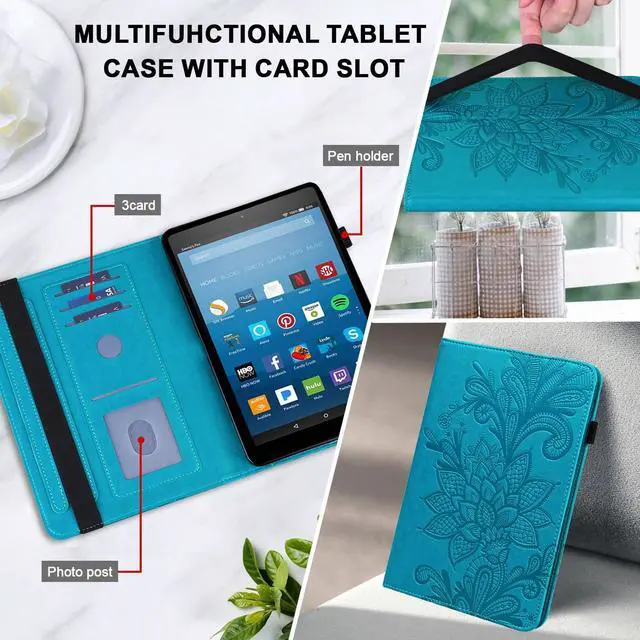 Alt view image 4 of 5 - TUOLISG for Kindle Fire HD 8 Tablet Case 8th/7th/6th Generation 8 inch with Card Slots, Flower Pattern Embossed PU Leather Folio Wallet Case for Kindle Fire HD 8 2018/2017/2016, Blue