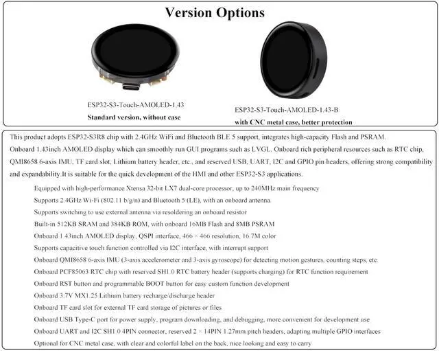 Alt view image 4 of 5 - ESP32-S3 1.43inch AMOLED Touch Display Development Board, 466x466 QSPI Interface AMOLED Round LCD, Onboard Accelerometer and Gyroscope Sensor R T C Chip, ESP32 with Display, Multiple Interfaces