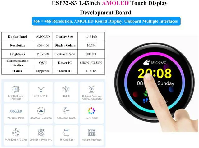 Alt view image 3 of 5 - ESP32-S3 1.43inch AMOLED Touch Display Development Board, 466x466 QSPI Interface AMOLED Round LCD, Onboard Accelerometer and Gyroscope Sensor R T C Chip, ESP32 with Display, Multiple Interfaces
