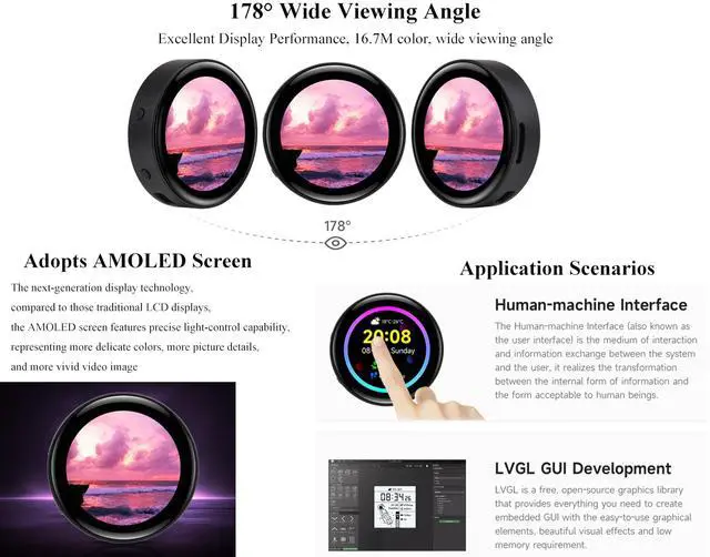 Alt view image 5 of 5 - ESP32-S3 1.43inch AMOLED Touch Display Development Board, 466x466 QSPI Interface AMOLED Round LCD, Onboard Accelerometer and Gyroscope Sensor R T C Chip, ESP32 with Display, Multiple Interfaces