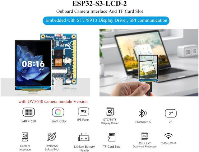 Alt view image 3 of 5 - UeeKKoo ESP32-S3 2inch Display Development Board, 240×320 Pixels IPS Screen, 32-bit LX7 Dual-Core Processor, Supports W-i-F-i & Blue-Too-th, ESP32 with Display, Comes with OV5640 5MP Camera Module