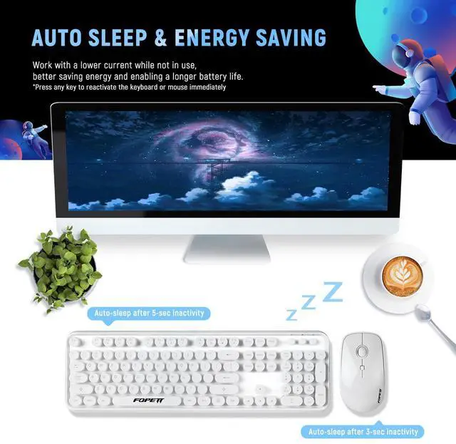 Alt view image 3 of 5 - Ubxxziy Wireless Keyboard and Mouse | Cute Colorful Keyboard and Mouse with 2.4GHz Cordless Retro Typewriter Keyboard | Auto-Sleep | USB Receiver for Windows PC/Laptop - White