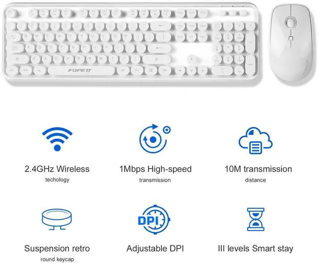 Alt view image 5 of 5 - Ubxxziy Wireless Keyboard and Mouse | Cute Colorful Keyboard and Mouse with 2.4GHz Cordless Retro Typewriter Keyboard | Auto-Sleep | USB Receiver for Windows PC/Laptop - White