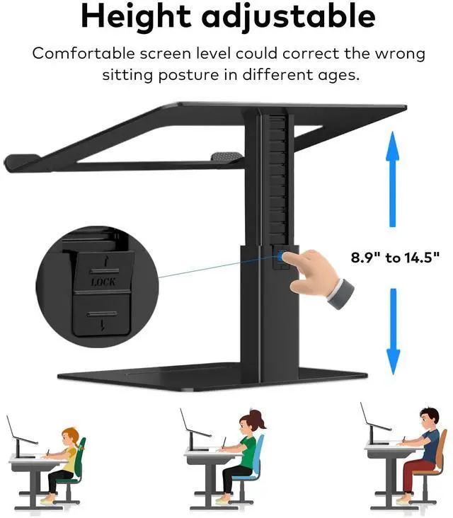 Alt view image 3 of 5 - VECOFO Laptop Stand for Desk, Ergonomic Aluminum Laptop Stand Adjustable Height from 7-15", Sitting and Standing Laptop Riser for 10-17" Notebook (Black)