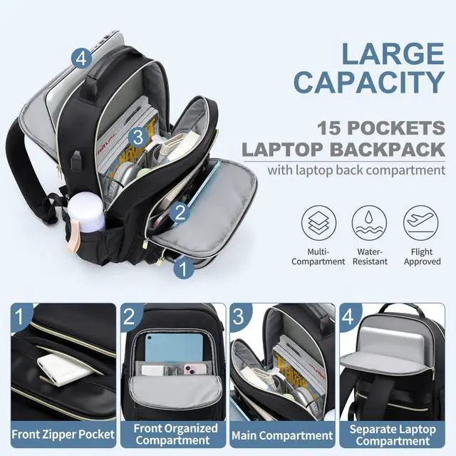 Alt view image 3 of 5 - VNINE Travel Laptop Backpack for Women Men 15.6 Inch Work Bags with USB Port Large Capacity Travel Bags Water Resistant Business Computer Backpack Purse Casual Daypacks for College Nurse