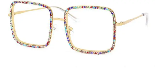 Main image of VOOGLAM Square Rhinestone Non Prescription Blue Light Glasses for Women Anti UV Eyestrain Computer Office TV Eyewear Gold Kafele