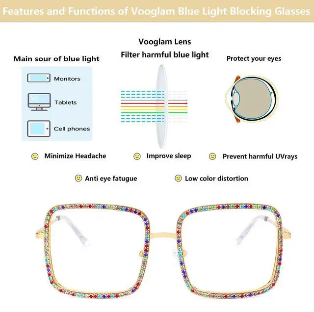 Alt view image 4 of 5 - VOOGLAM Square Rhinestone Non Prescription Blue Light Glasses for Women Anti UV Eyestrain Computer Office TV Eyewear Gold Kafele