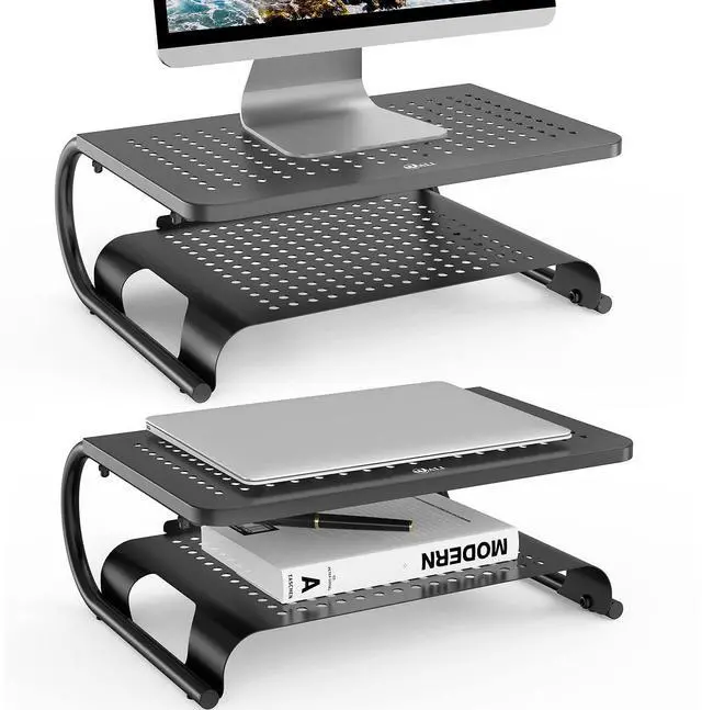 Main image of WALI Monitor Stand Riser, Computer Desktop Stand Riser Holder, Vented Metal 2 Tier Desk Shelf for Desk Organizer (STT001B-2), 2 Pack, Black