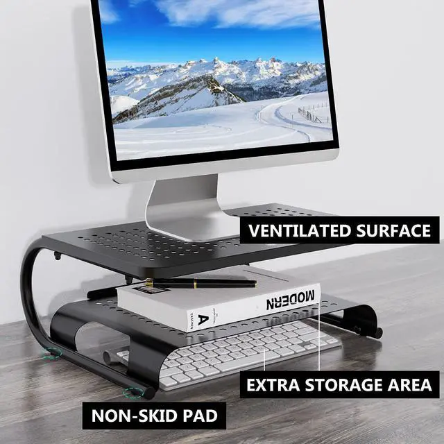 Alt view image 5 of 5 - WALI Monitor Stand Riser, Computer Desktop Stand Riser Holder, Vented Metal 2 Tier Desk Shelf for Desk Organizer (STT001B-2), 2 Pack, Black
