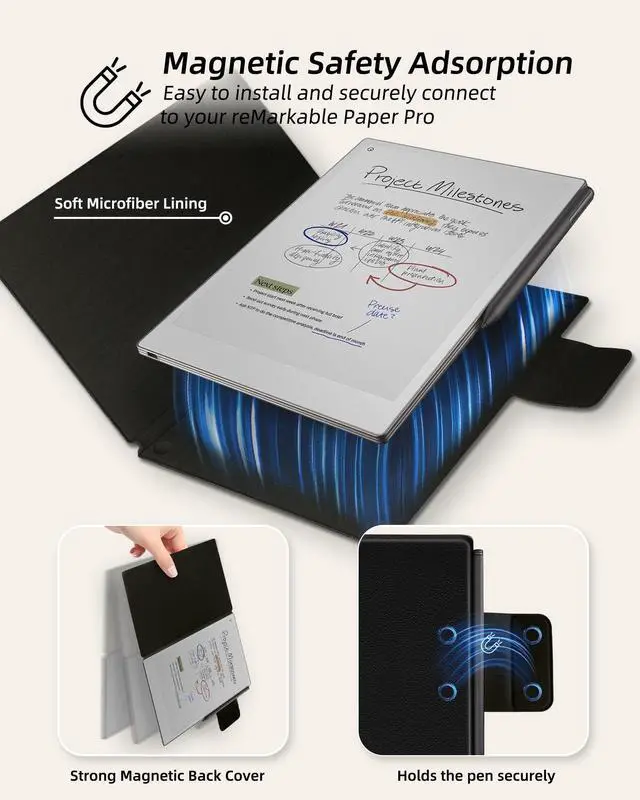 Alt view image 3 of 5 - WALNEW Case for Remarkable Paper Pro,Magnetic Slim Book Folio Cover with Pen Clasp, Auto Sleep/Wake Protective Cover for Remarkable Paper Pro 11.8" (2024 Released),Black