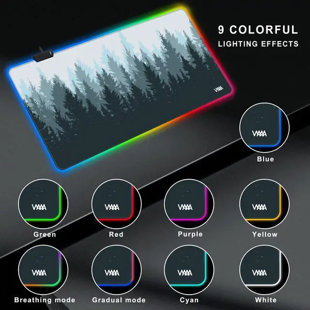 Alt view image 3 of 5 - Vyaaa 40" x 20" RGB Gaming Mouse Pad, XXL LED Desk Mat with 9 Light-Up Modes, Smooth Surface & Non-Slip Rubber Base for Gaming/Office/Home(Forest)