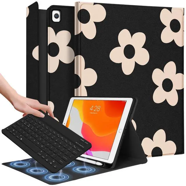 Main image of Wazzasoft for iPad 9th/8th/7th/Air 3rd Generation/Pro 10.5 Inch Case Keyboard Pencil Holder Folio Tablet Cover Women Girl Cute Girly Teen Kawaii Black Flower Unique Design for Apple 10.2 & 10.5 Inch