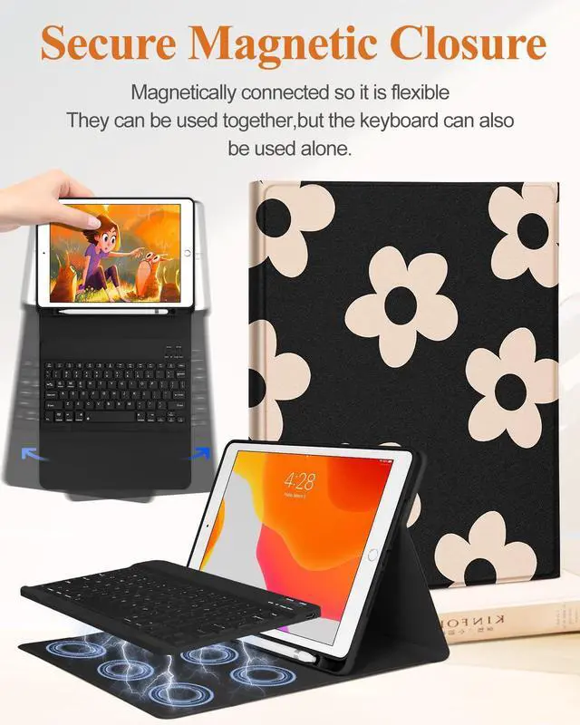 Alt view image 4 of 5 - Wazzasoft for iPad 9th/8th/7th/Air 3rd Generation/Pro 10.5 Inch Case Keyboard Pencil Holder Folio Tablet Cover Women Girl Cute Girly Teen Kawaii Black Flower Unique Design for Apple 10.2 & 10.5 Inch