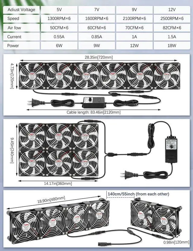 Alt view image 2 of 5 - Wathai 120mm x 6 Small Box Computer Fan with AC Plug Dual Ball with Variable Speed Controller for Server Rack, Greenhouse, Basement, Window Exhaust Cooling Ventilation