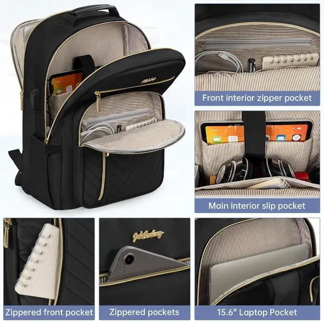 Alt view image 4 of 5 - WELIDAY Laptop Backpack for Women, Work Travel Computer Bags, Quilted Casual Daypack with USB Port, Waterproof Computer Backpack Fit 15.6 Inch Laptop (Black)