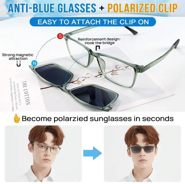 Alt view image 2 of 5 - WEMOOTANTS Men's Computer Blue Light Blocking Glasses, Polarized Clip for Driving, Game Computer Green Eyeglasses