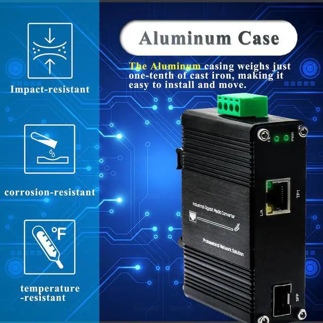 Alt view image 3 of 5 - Mini Industrial SFP Ethernet Media Converter, 12~48VDC Input, DIN-Rail & Wall Mount, Full/Half-Duplex,10/100/1000Base-T to 100/1000Base-X SFP, -40degF to 167degF Operating Temperature