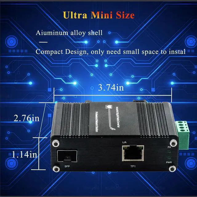 Alt view image 2 of 5 - Mini Industrial SFP Ethernet Media Converter, 12~48VDC Input, DIN-Rail & Wall Mount, Full/Half-Duplex,10/100/1000Base-T to 100/1000Base-X SFP, -40degF to 167degF Operating Temperature