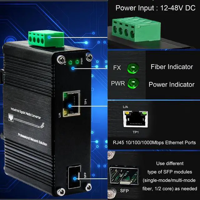Alt view image 4 of 5 - Mini Industrial SFP Ethernet Media Converter, 12~48VDC Input, DIN-Rail & Wall Mount, Full/Half-Duplex,10/100/1000Base-T to 100/1000Base-X SFP, -40degF to 167degF Operating Temperature