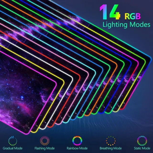 Alt view image 3 of 5 - YQE RGB Gaming Mouse Pad, 35.4"x15.7" Desk Mat for Keyboard and Mouse, LED Game Mousepad with 14 Colors Modes, Non-Slip Desk Pad Matt Protector+Coasters-for Home, Office, Desktop, Galaxy Purple