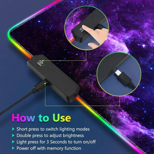 Alt view image 5 of 5 - YQE RGB Gaming Mouse Pad, 35.4"x15.7" Desk Mat for Keyboard and Mouse, LED Game Mousepad with 14 Colors Modes, Non-Slip Desk Pad Matt Protector+Coasters-for Home, Office, Desktop, Galaxy Purple