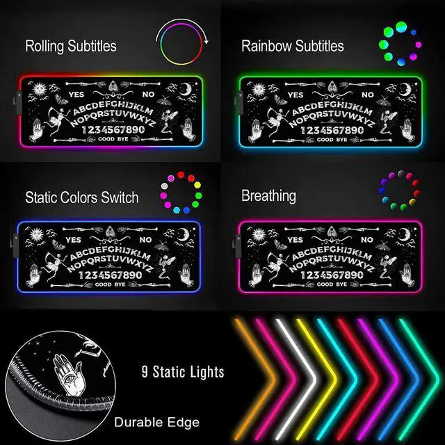 Alt view image 2 of 5 - RGB Gaming Mouse Pad Large Mouse Pad Desk Mat Led Mouse Pad Light-up Mouse Pad, Large Keyboard Pad, Optical Waterproof Non-Slip, Great for Gamers, Ouija Board Pattern